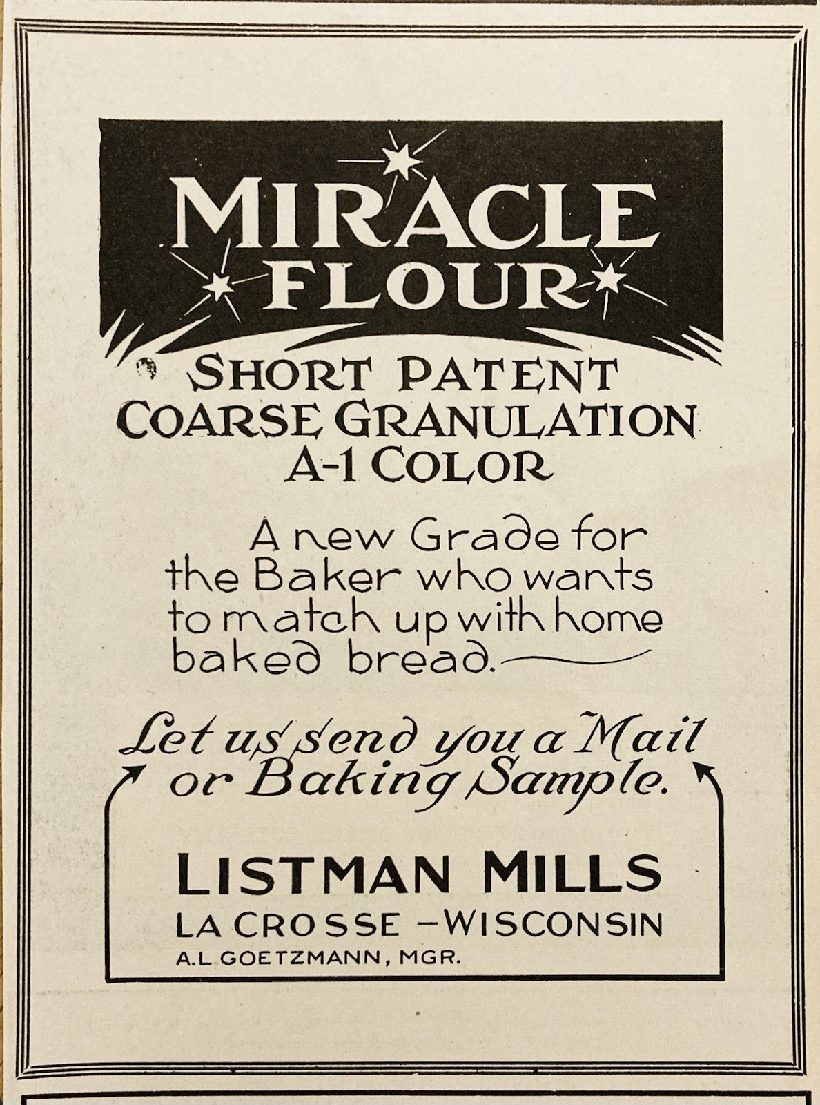 1919 AD.(PC9)~LISTMAN MILLS, LACROSSE, WIS. MIRACLE BRAND FLOUR