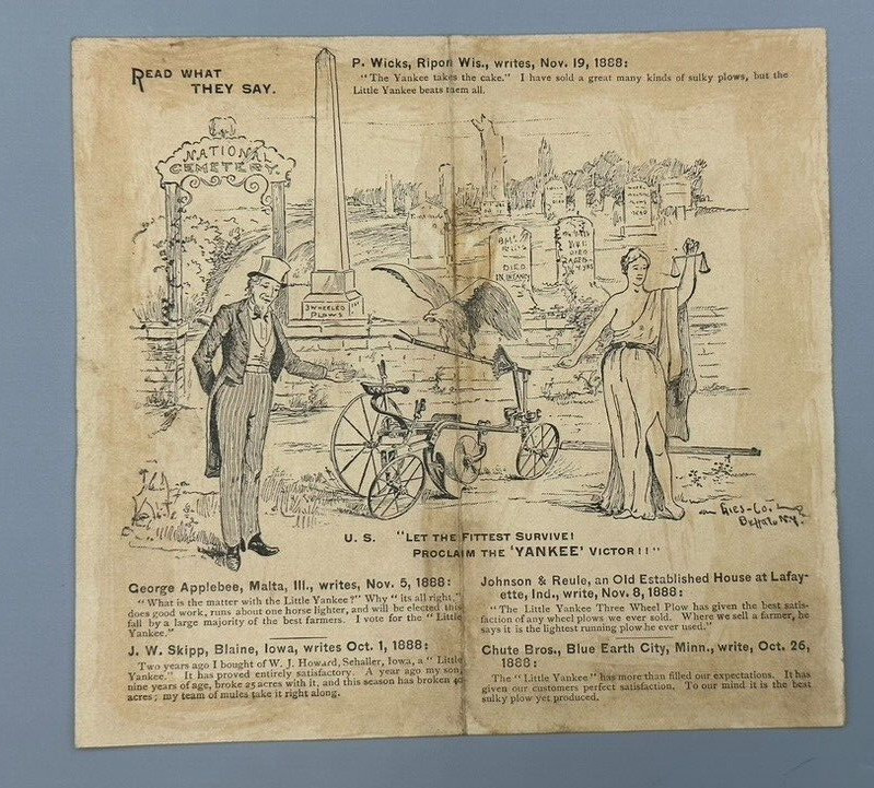 1888 GRAND DETOUR PLOW Little Yankee FARM Antique Advertise TRADE CARD Dixon IL