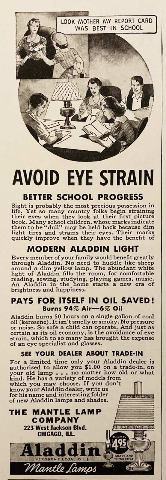1937 AD.(XH81)~THE MANTLE LAMP CO. CHICAGO. ALADDIN MANTLE LAMPS
