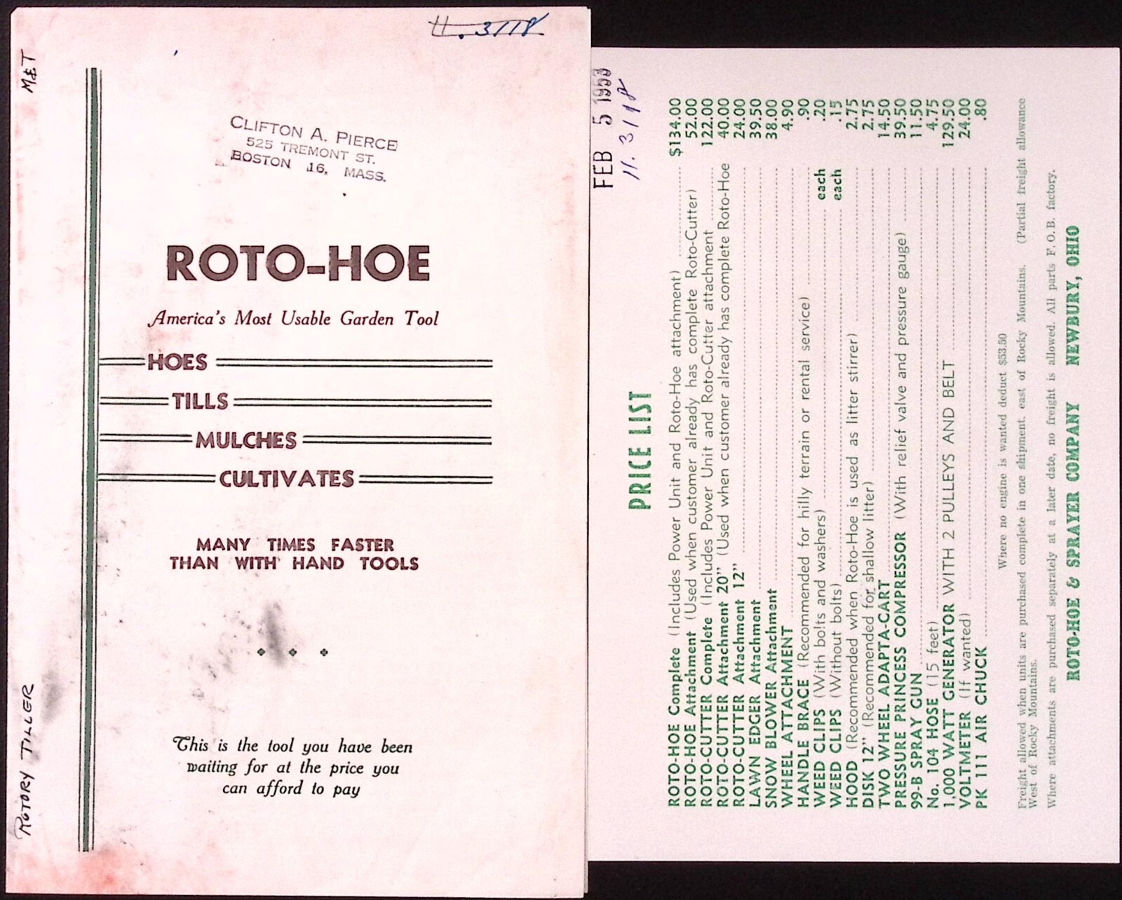 1953 Roto Hoe Roto Tiller Brochure & Price List Roto-Hoe & Sprayer Co Newbury OH