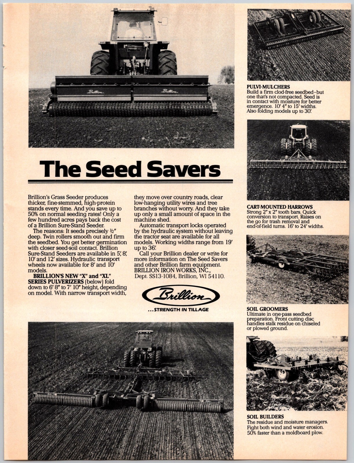 PRINT AD Brillion Sure-Stand Grass Seeder 1984 Pulverizers Harrows Mulchers