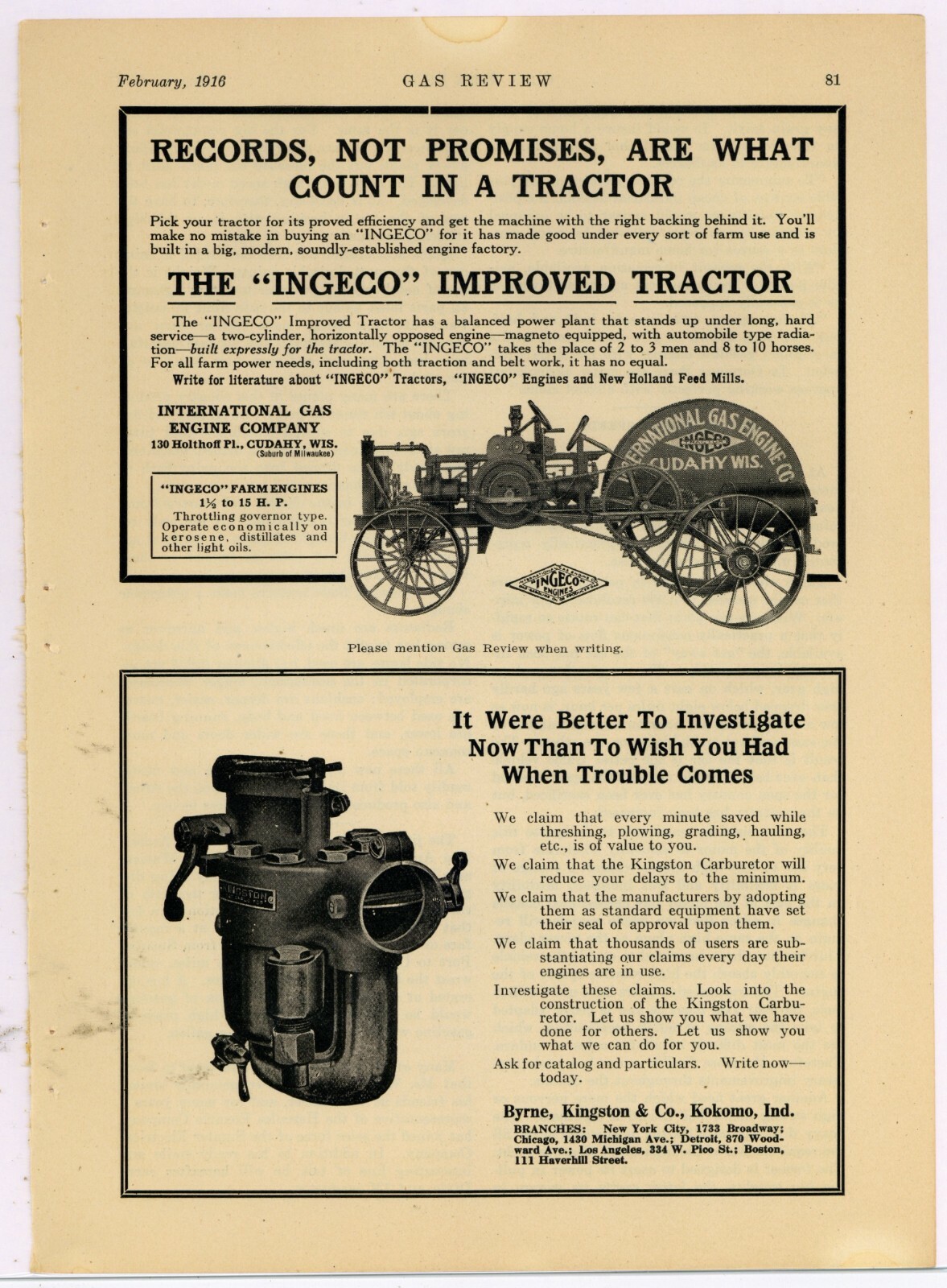 1916 INGECO International Gas Engine Company Ad: Tractor Model – Cudahy, WI