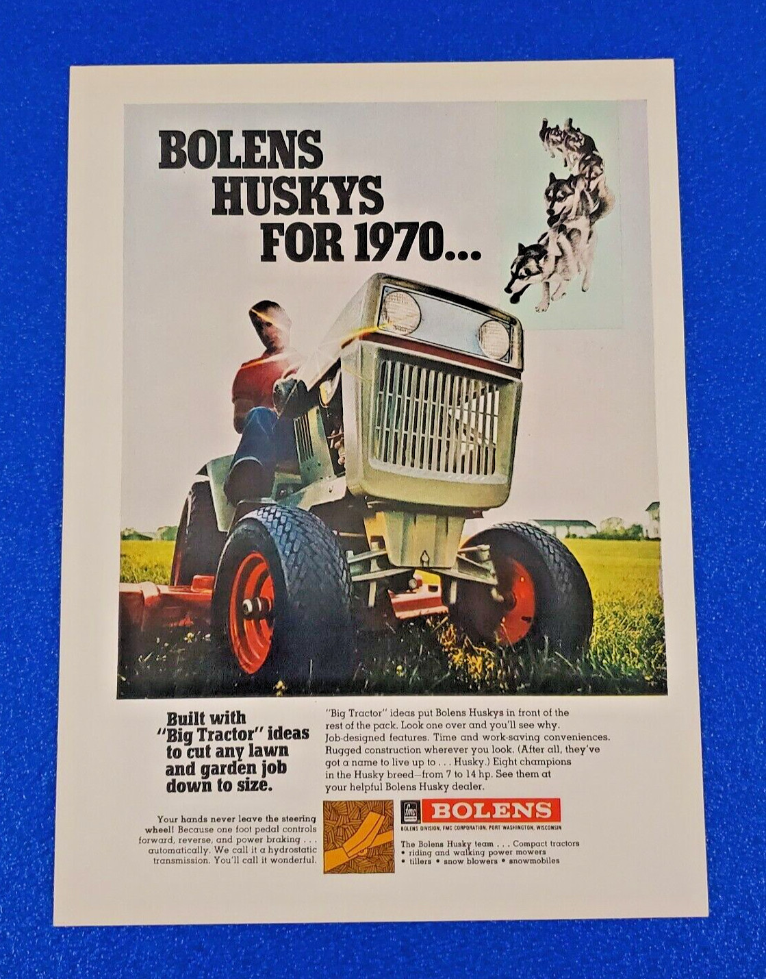 1970 BOLENS HUSKYS LAWN TRACTOR ORIGINAL COLOR PRINT AD FREE SHIPPING – LOT S24