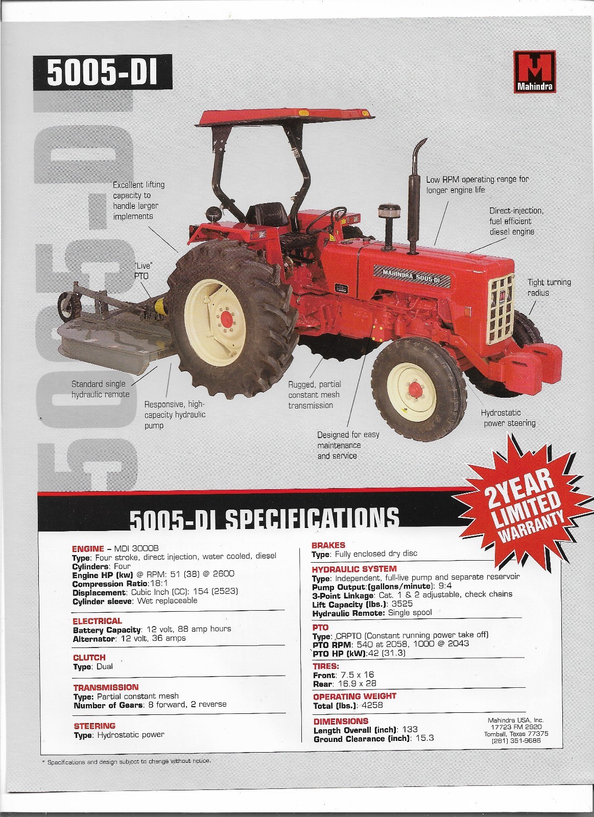 Original Mahindra Model 5005 DI Tractor Sales Brochure Spec Specifications Sheet