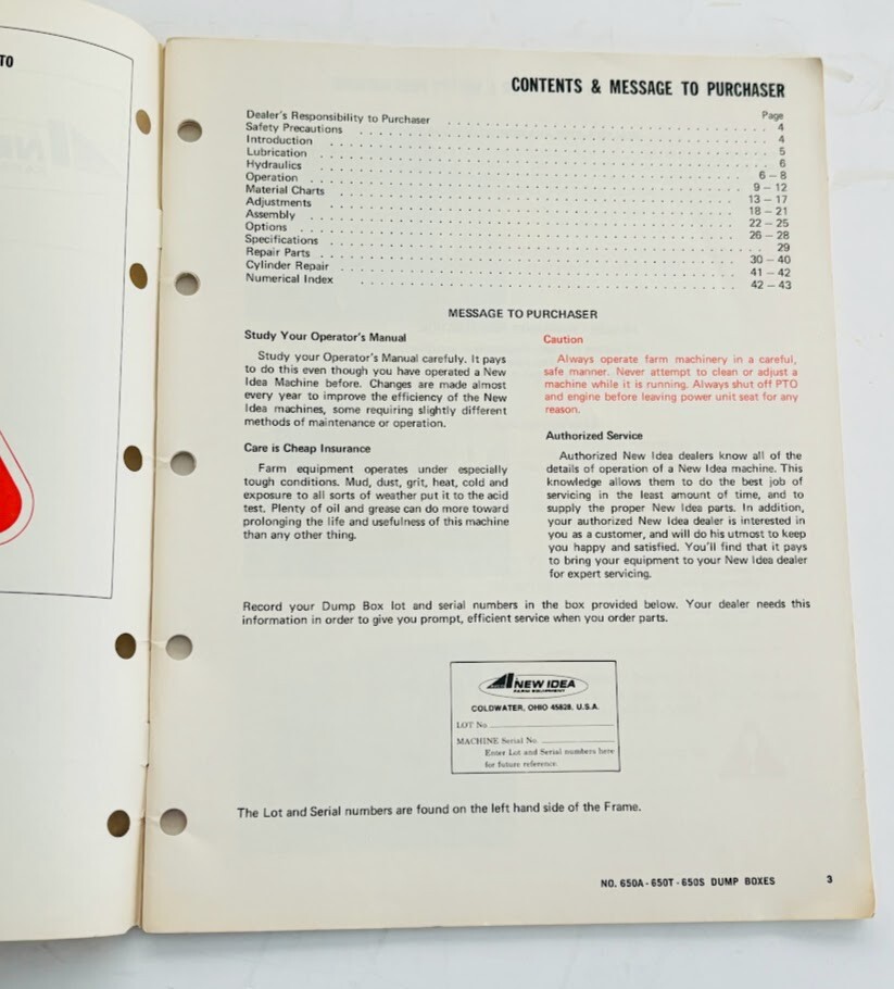 NEW IDEA Farm Equipment Dump Boxes 650A 650T Original 1978 Owners Manual Book