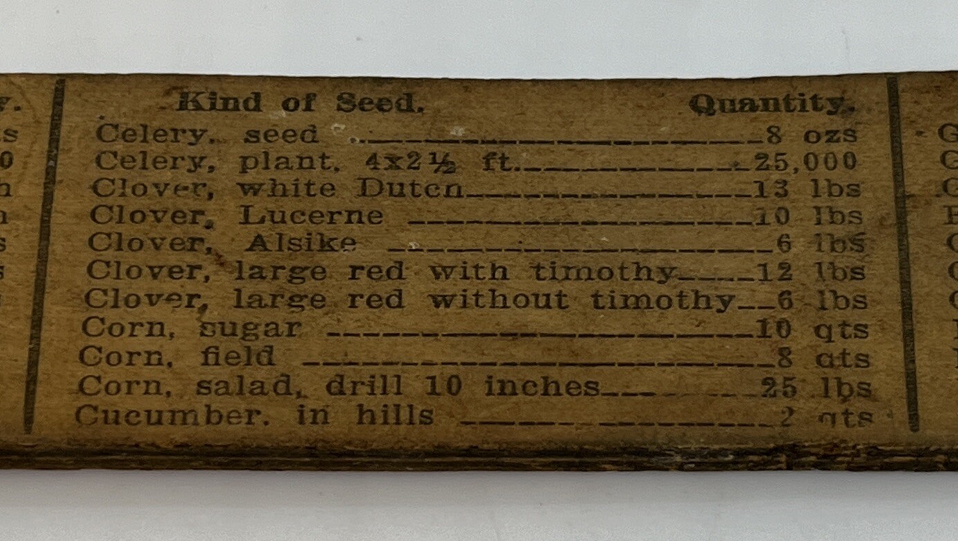 S.P. LUMMUS SUPPLY CO. PHILADELPHIA PA Ruler Seed Per Acre Guide Implements Farm