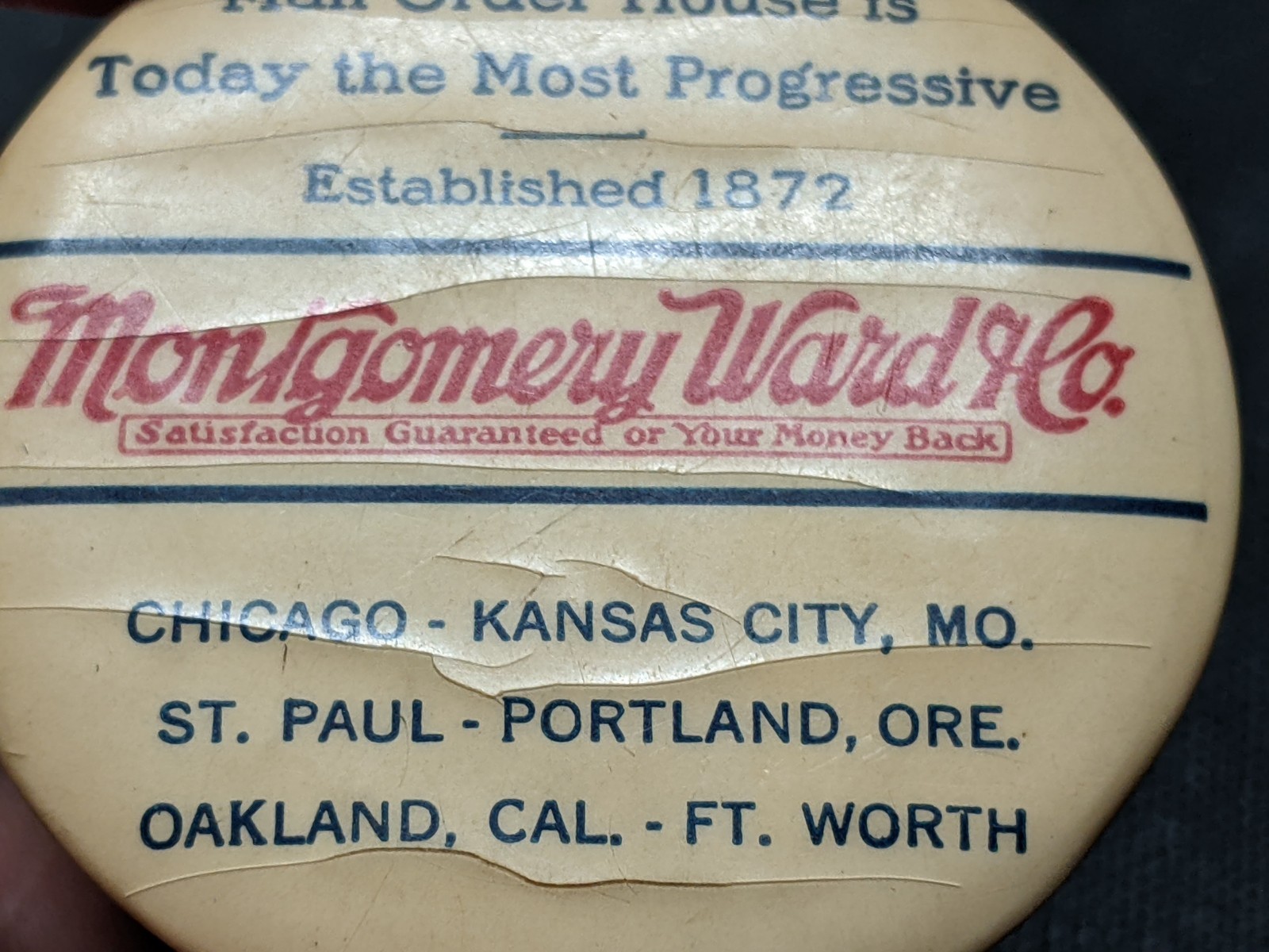 Montgomery Ward Celluloid advertising button style knife sharpener