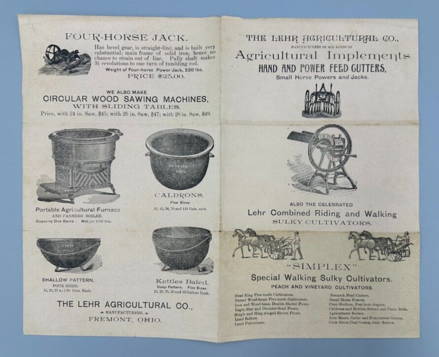c 1900 Lehr Agricultural KETTLE CALDRON Cultivator Farm Advertising FREMONT OH
