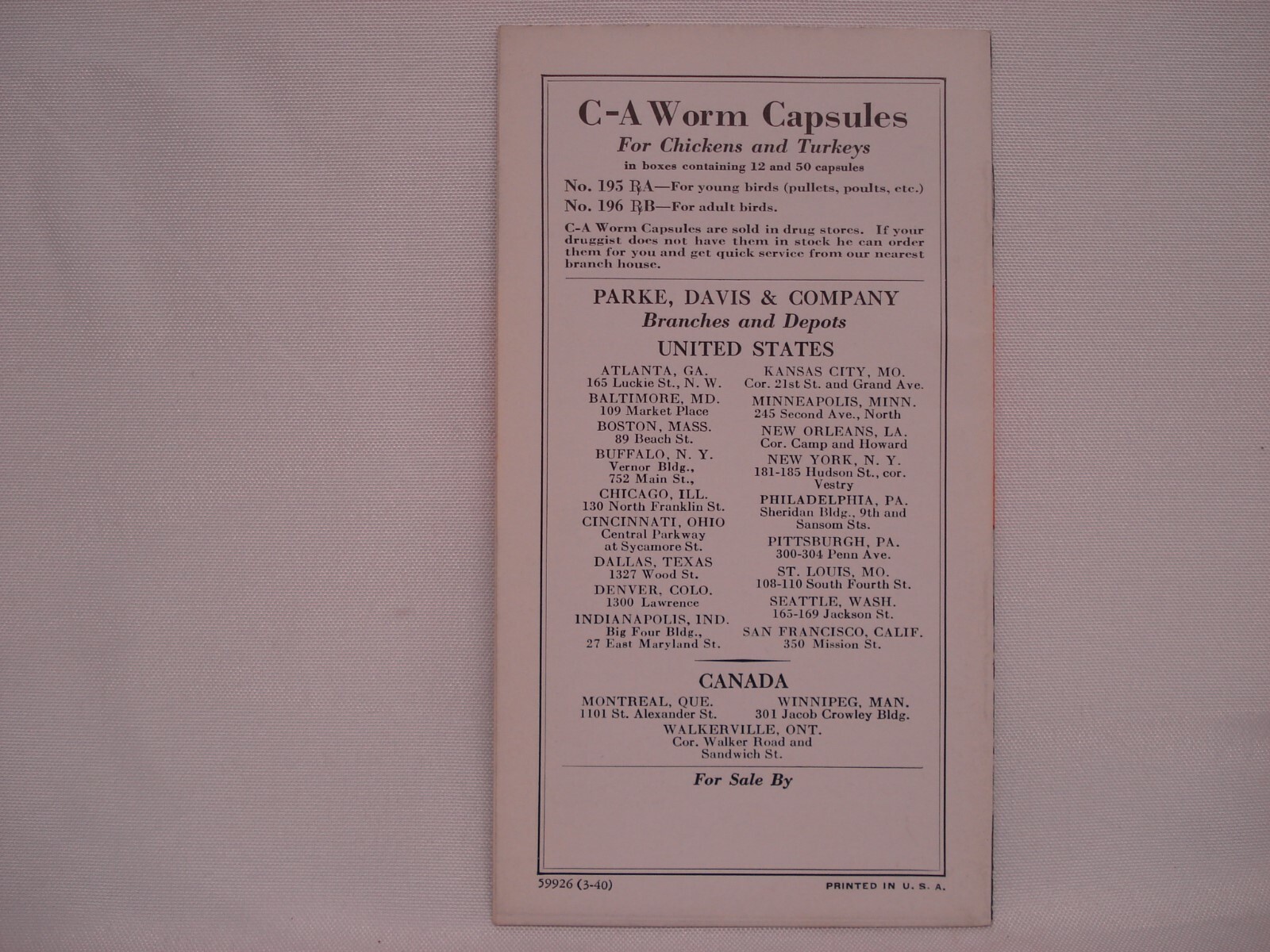 PARKE DAVIS C – A WORM CAPSULES FOR POULTRY LIVESTOCK MEDICINE PAMPHLET