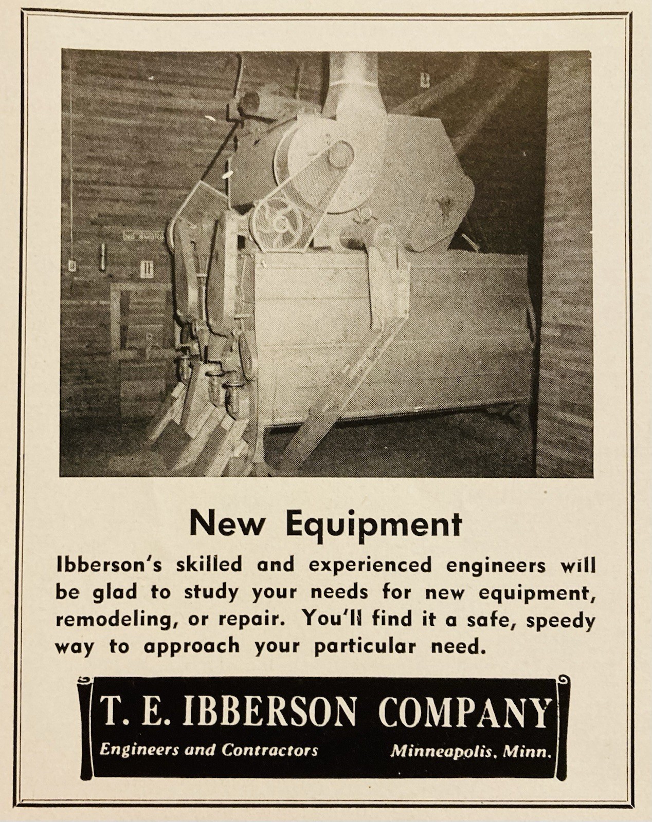 1957 AD.(XH84)~T.E. IBBERSON CO. MINNEAPOLIS. GRAIN MILLING EQUIPMENT REPAIRS
