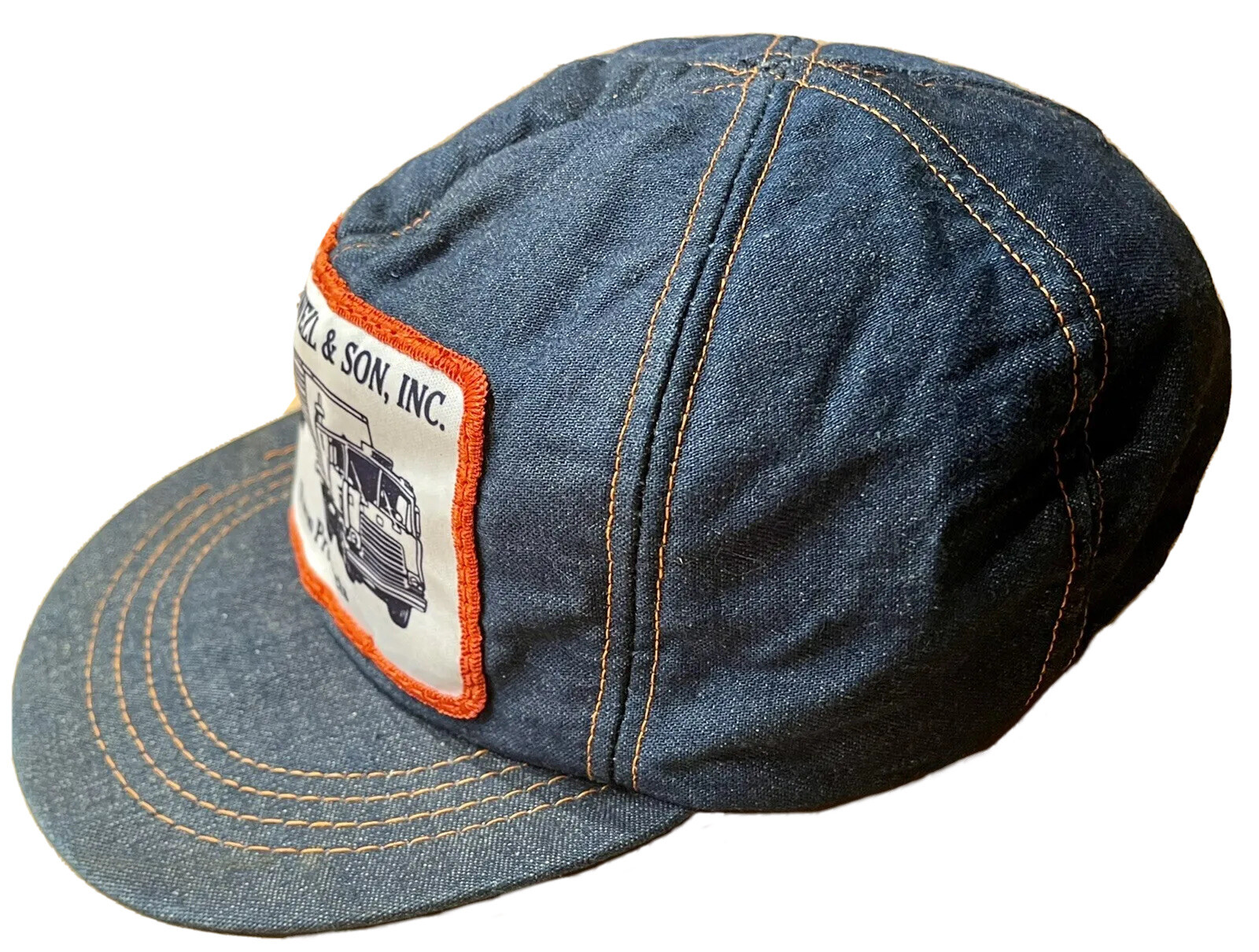 1970s 1980s SUNBURY, NC, ROBERT P. HOLLOWELL BLUE DENIM TRUCKER BASEBALL CAP