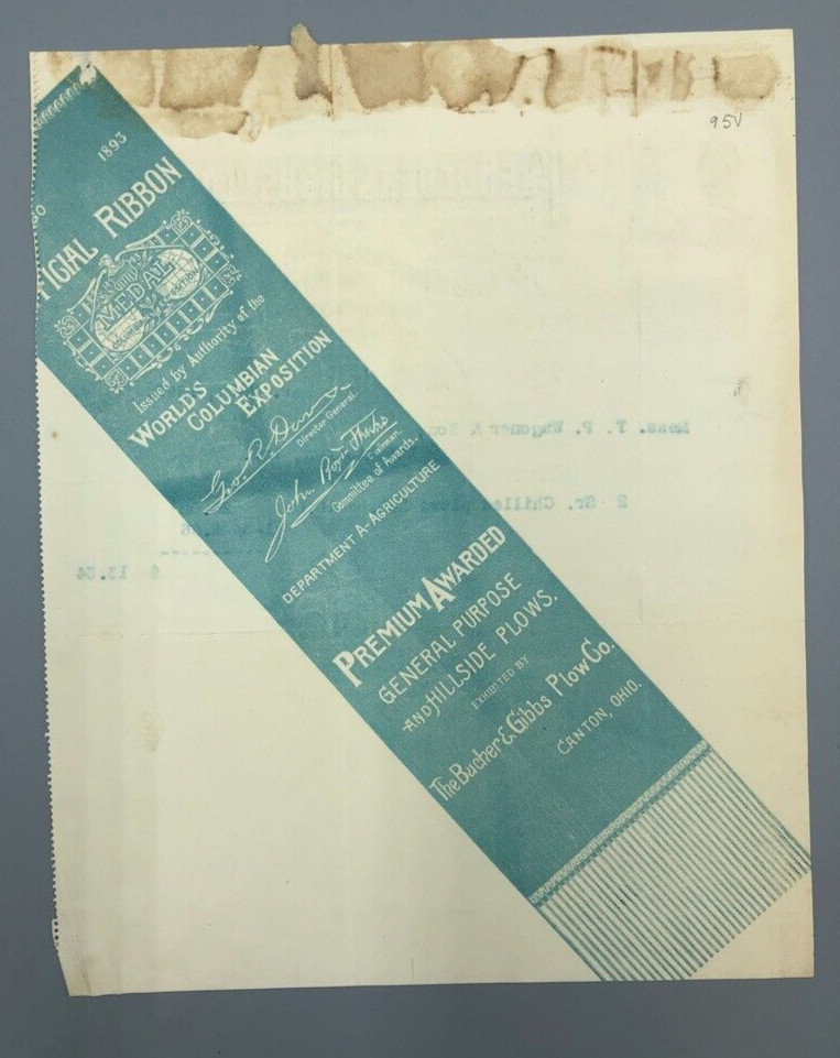 1895 Bucher & Gibbs PLOW Bill Antique Farm Advertising CANTON OH Worlds Fair