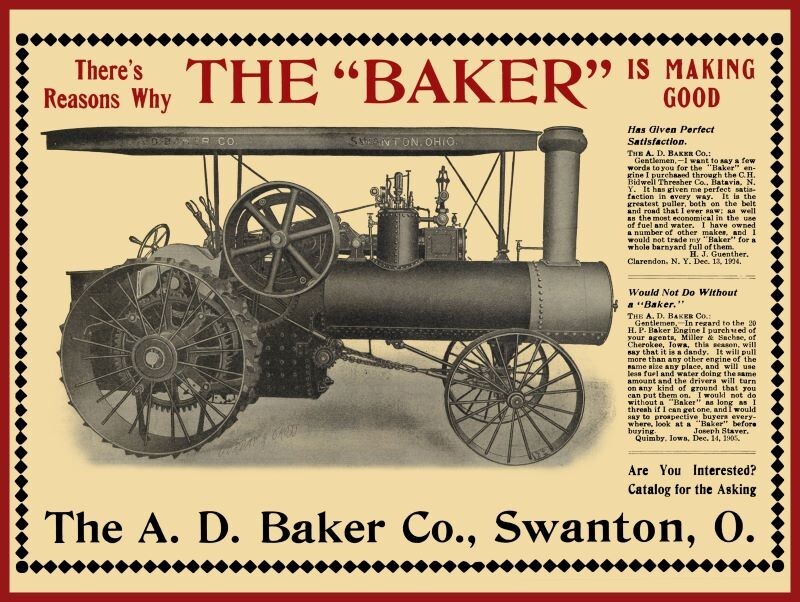 1906 A.D. Baker Steam Tractor of Swanton, OhiO NEW Metal Sign 24 x 30&Prime; USA Steel