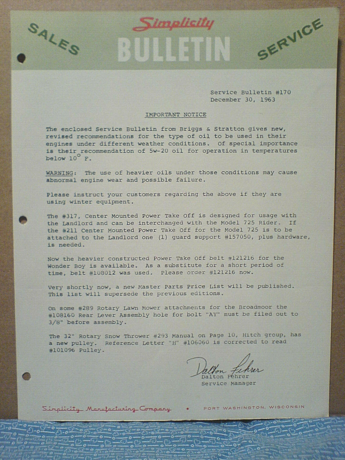 SIMPLICITY ORIGINAL DECEMBER, 1963 SERVICE BULLETIN #170