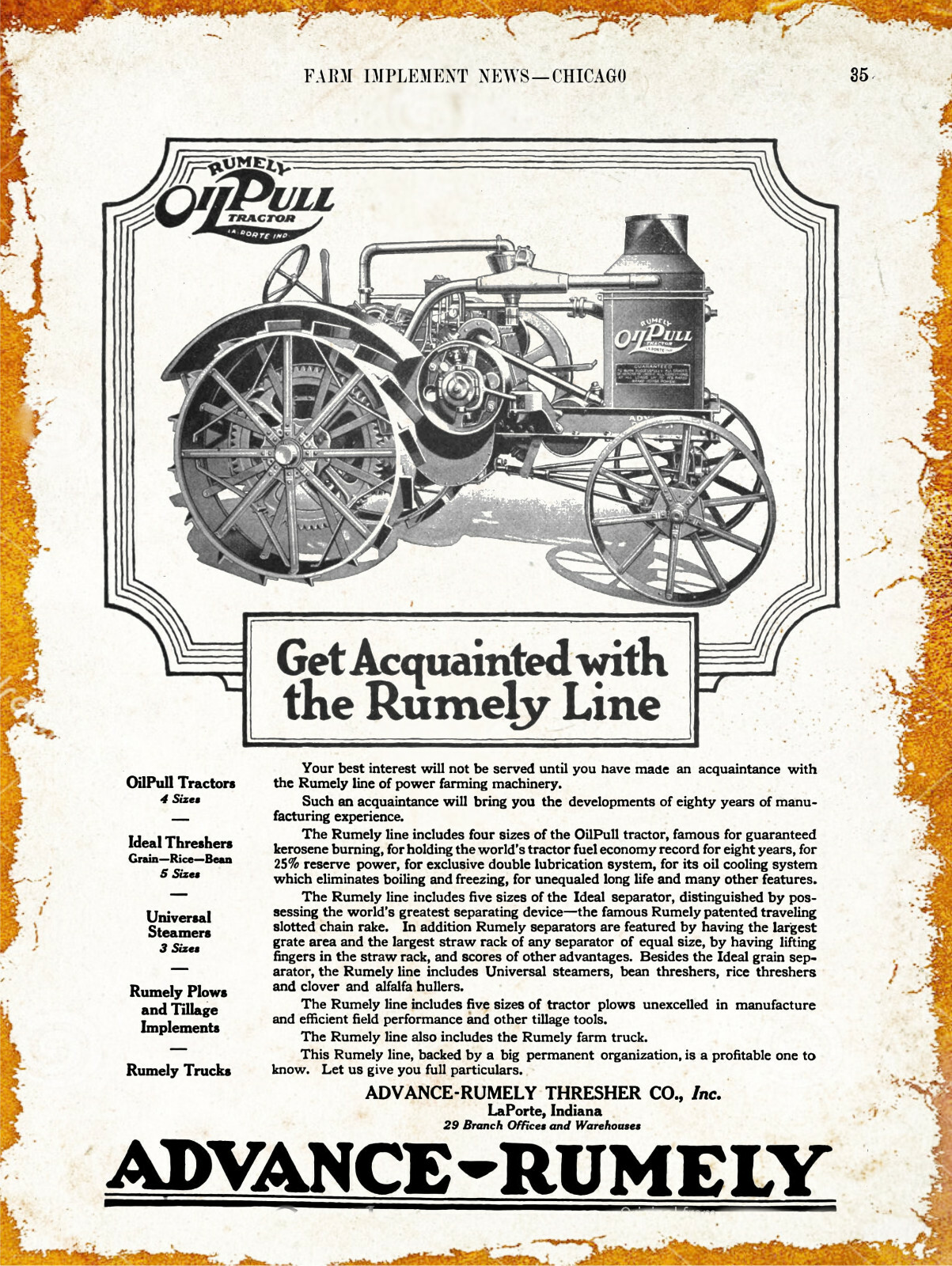 1920 Advance Rumely Thresher Co Metal Sign: Oil Pull Tractors – La Porte Indiana