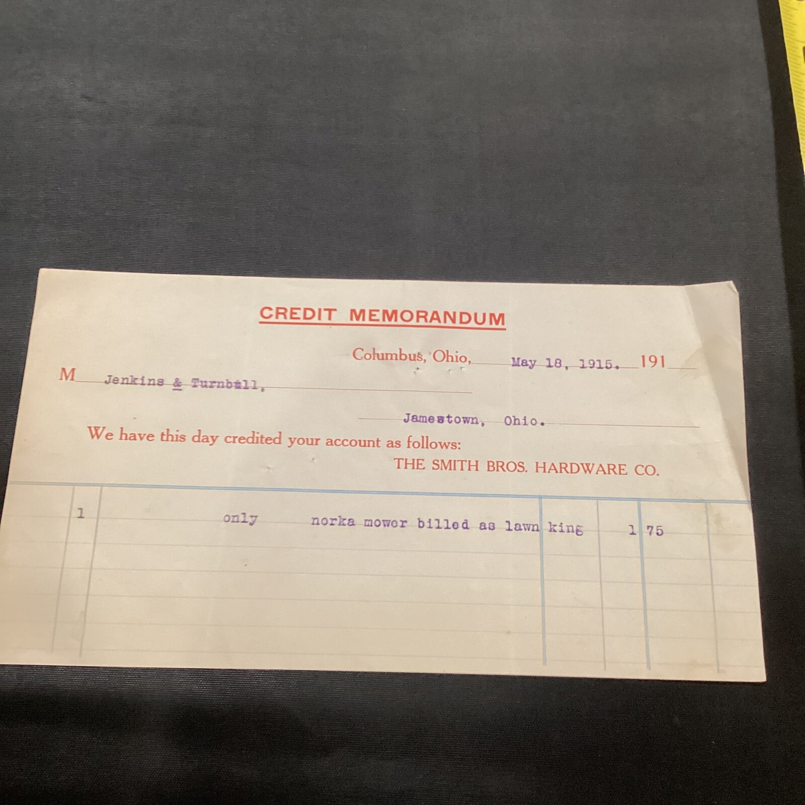 1915 Jenkins Turnbull Credit Memo Columbus Norka Mower Lawn King Invoice