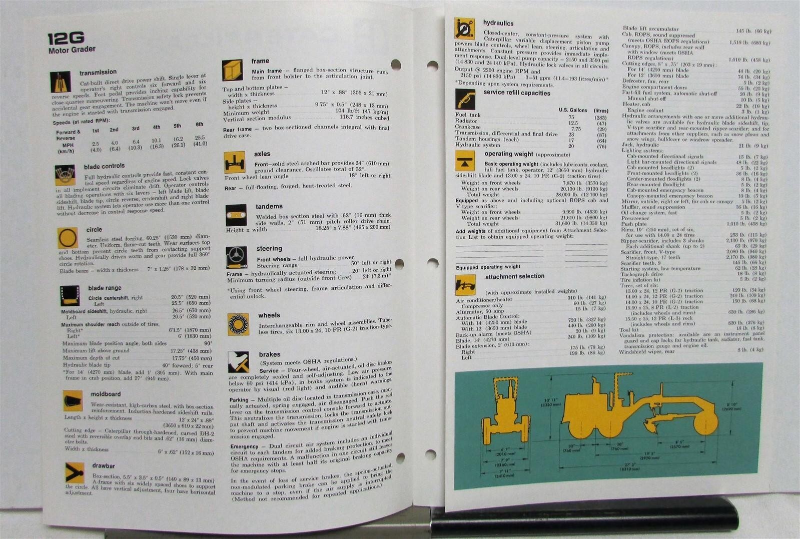 1975 CAT No 12G Road Motor Grader Construction Specifications Sale Tri-Folder