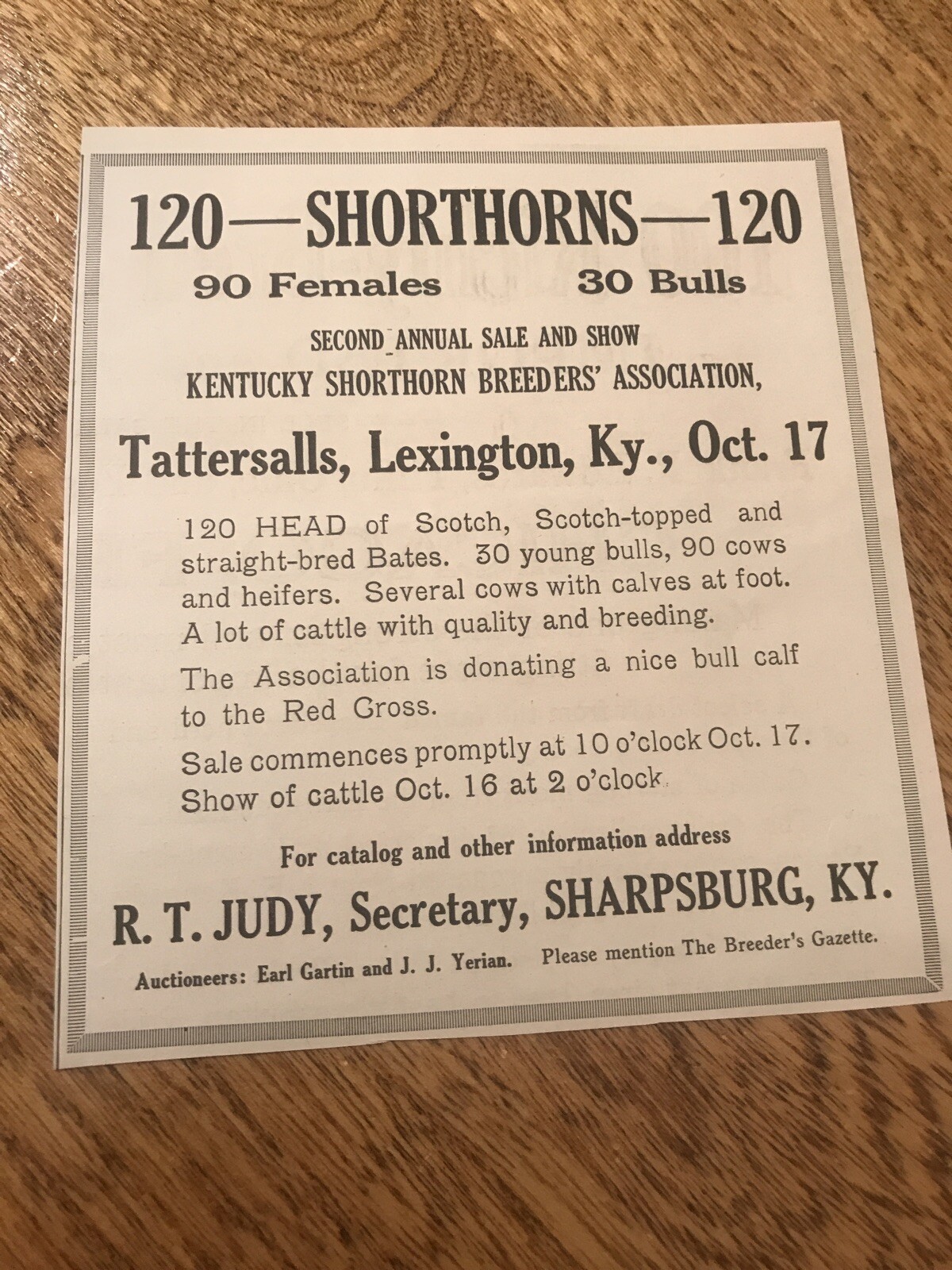 1918 Cattle Livestock Public Sale – Lexington – Kentucky – Cow Advertising