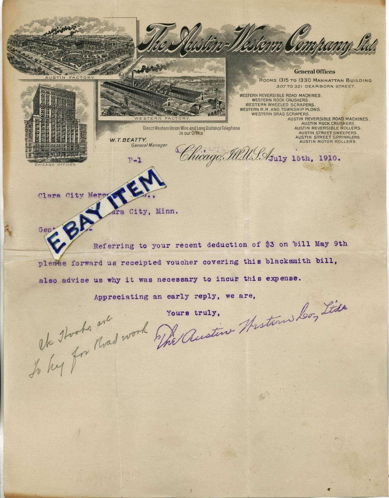1910 CHICAGO letterhead AUSTIN WESTERN COMPANY road & farm machinery W.T. BEATTY