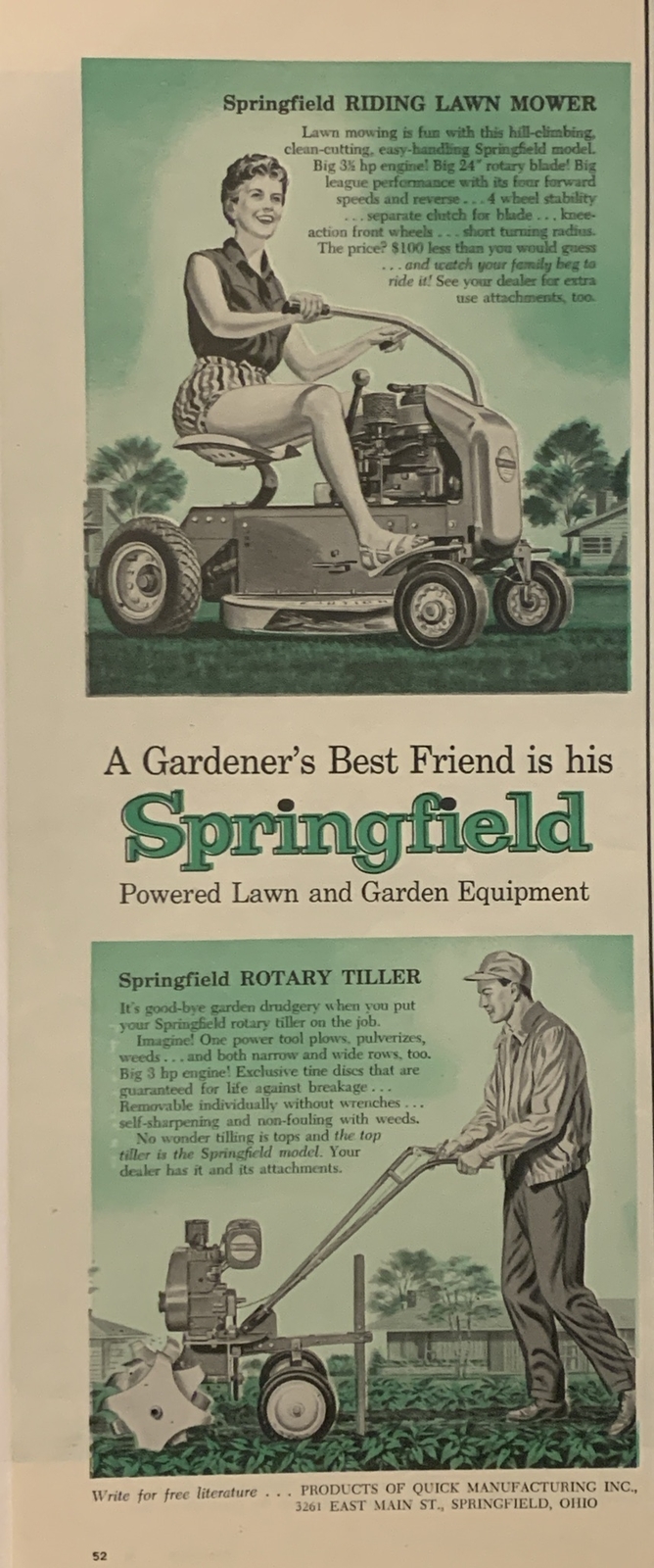 1957 Springfield Lawn & Garden PRINT AD Riding Mower Rotary Tiller Ohio VTG 50s