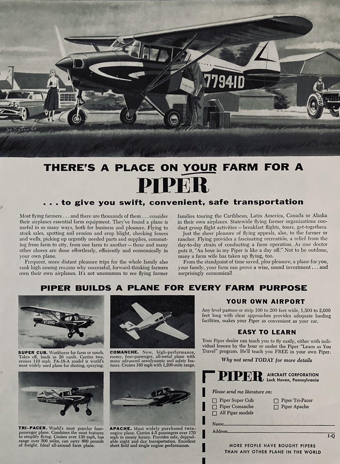 1964 AD(XH54)~PIPER AIRCRAFT CO. LOCK HAVEN, PA. PIPER AIRPLANES FOR FARM USE
