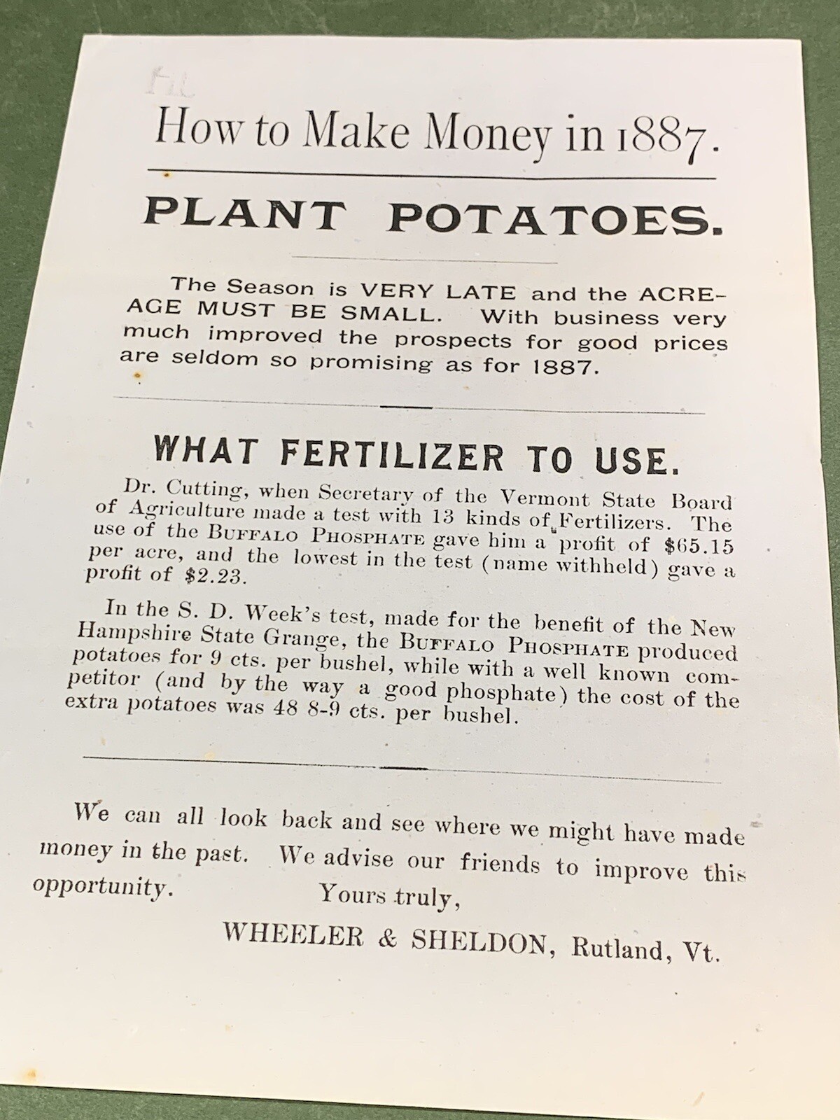 Wheeler & Sheldon Fertilizers Rutland Vermont 1887 Potato Farming Advertisement