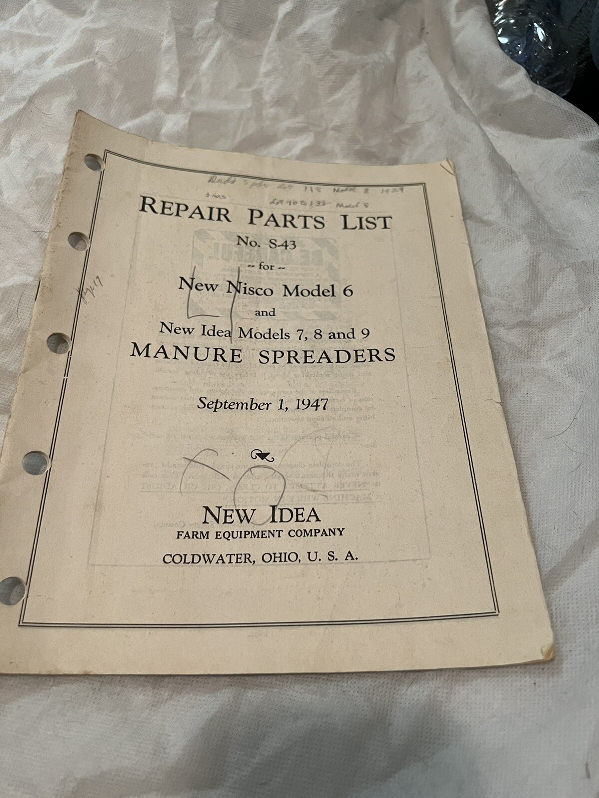 New Idea 1947 Repair Parts List Manure Spreaders S-43 Nisco Model 6 7 8 9 Vintag