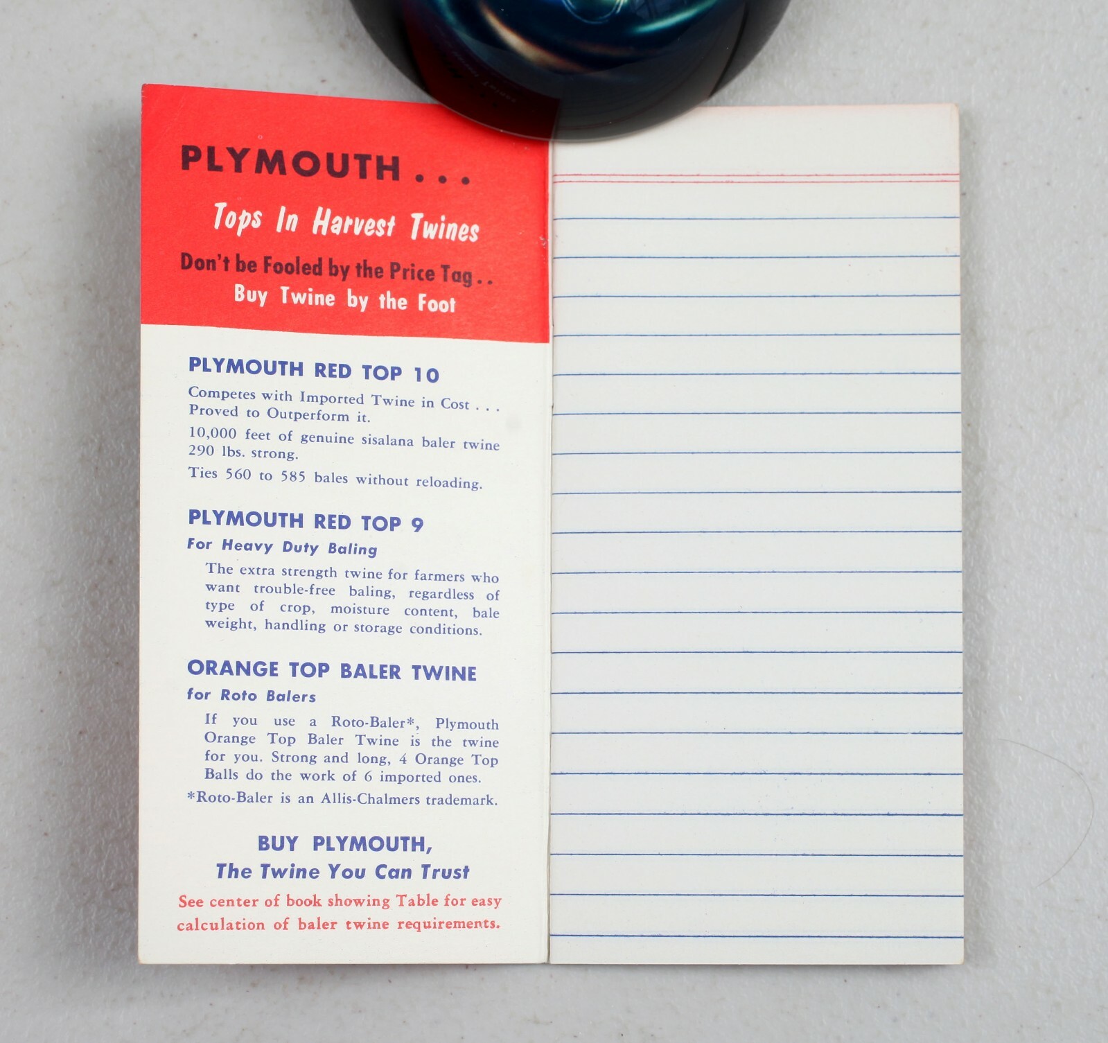 Vintage 1959 Pocket Memo Book Plymouth Cordage Co. Red Top Baler Twine