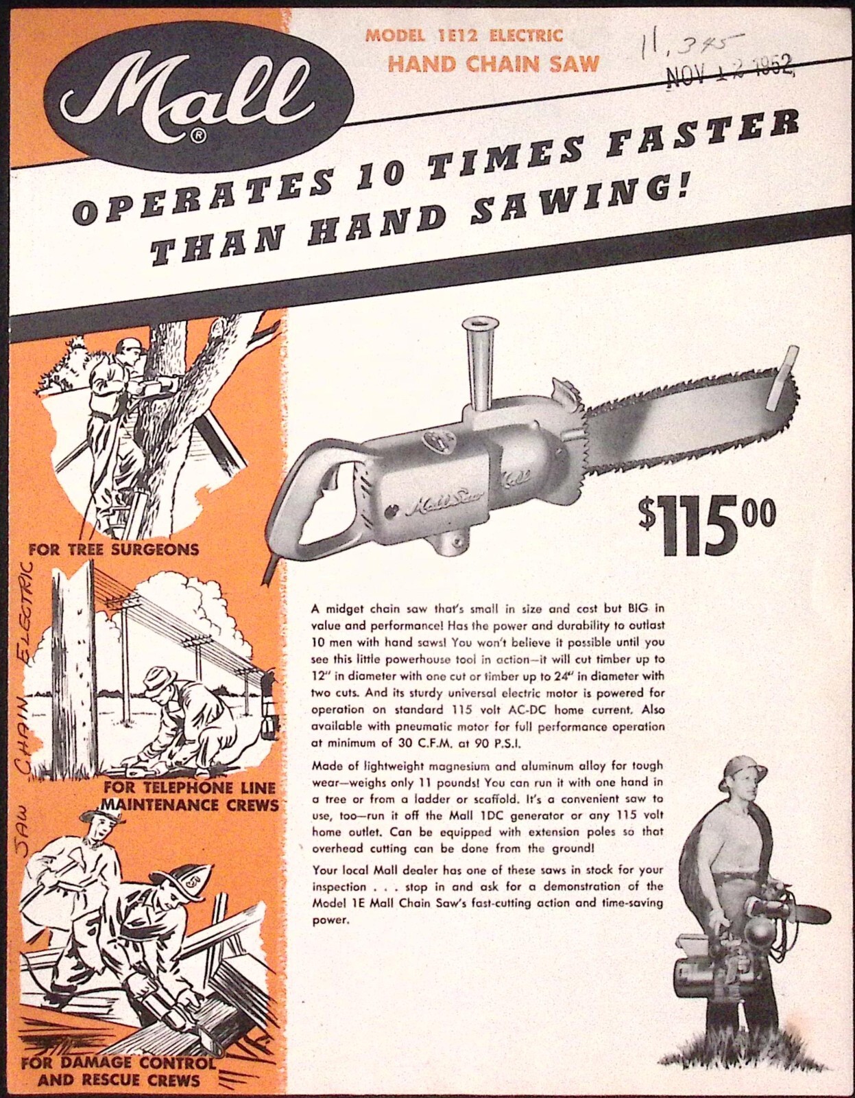 1952 Mall Tool Co Model 1E12 Electric Hand Chain Saw Dealer Brochure