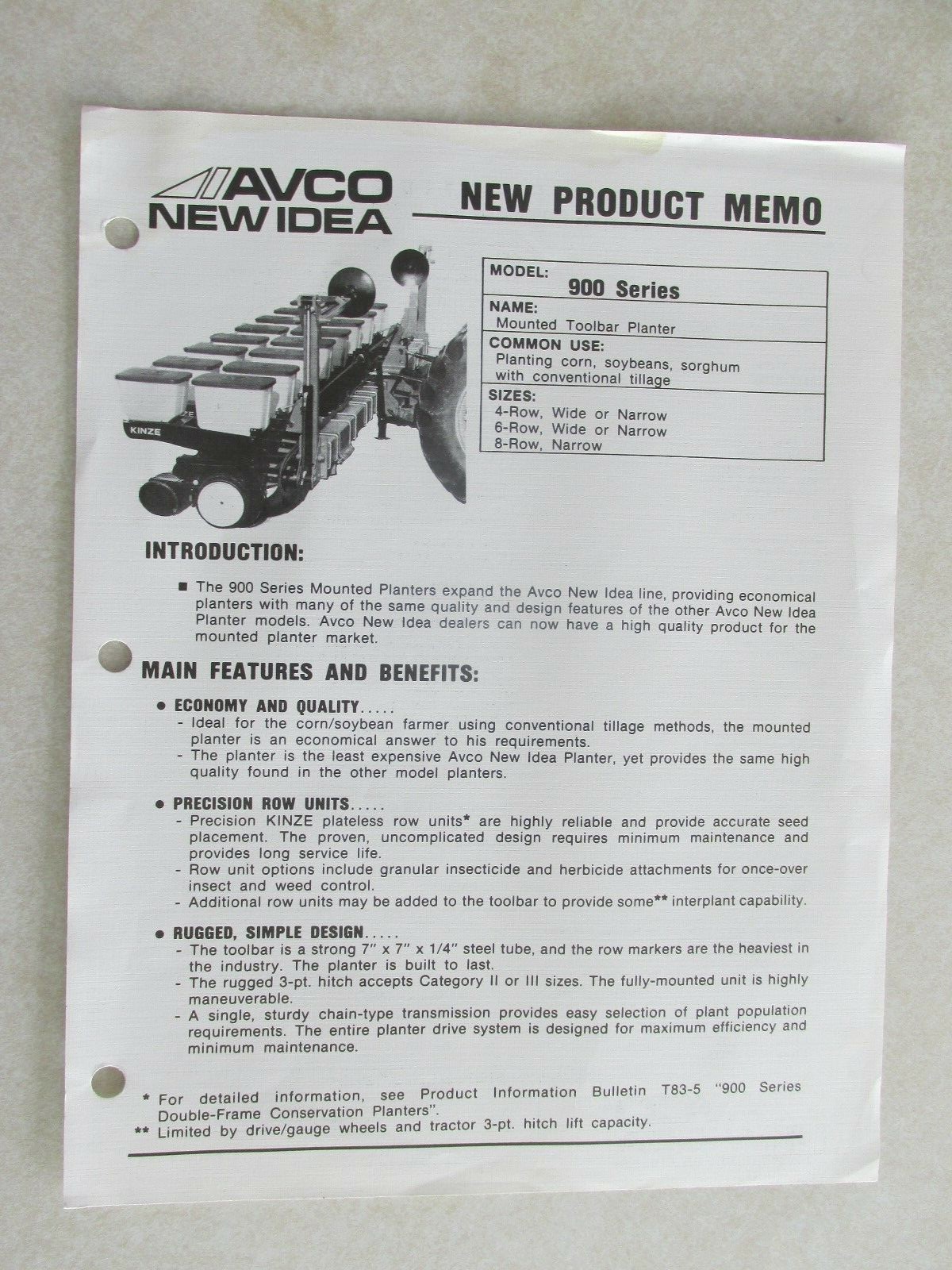 MBF22 AVCO New Idea Farm Equipment New Product Memo 900 series Planter 2 Differe