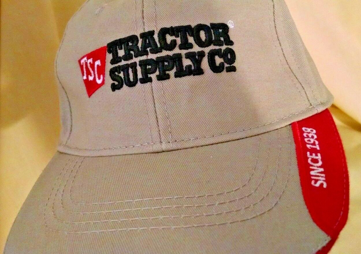 TRACTOR SUPPLY HAT SINCE 1938 TAN RED ADJ CLOTH STRAP NWOT BASEBALL BALL CAP.