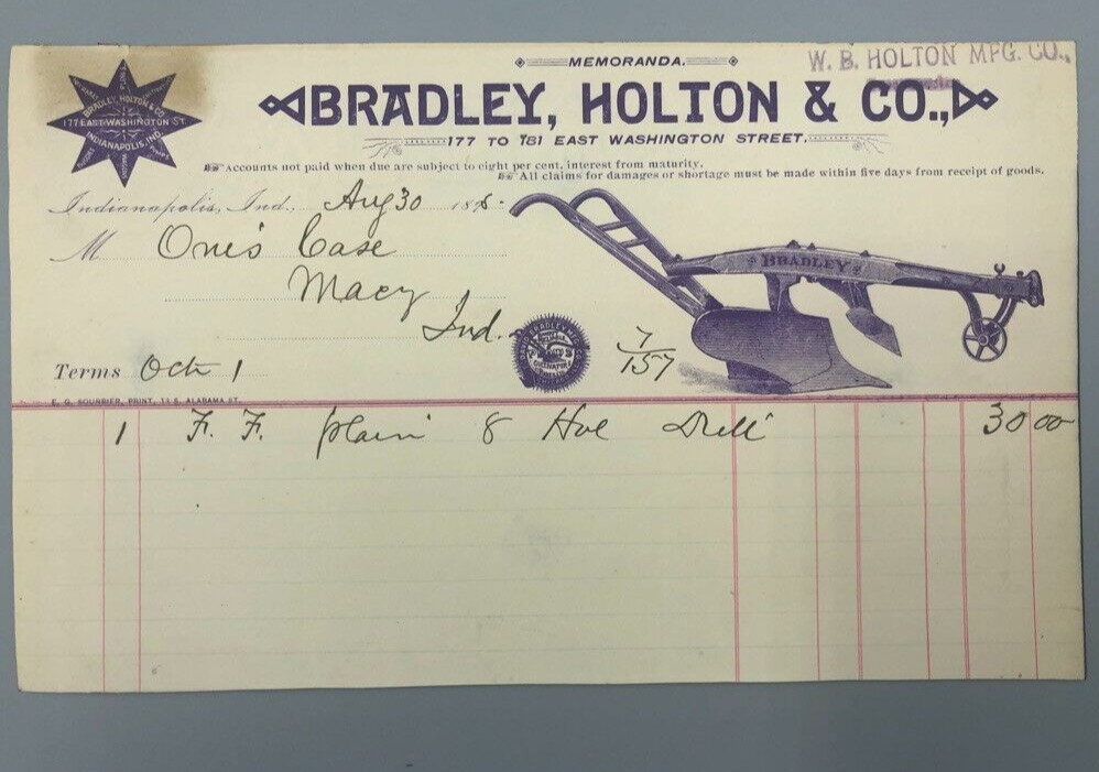 1890s BRADLEY HOLTON Co PLOW Receipt FARM Advertising INDIANA Billhead