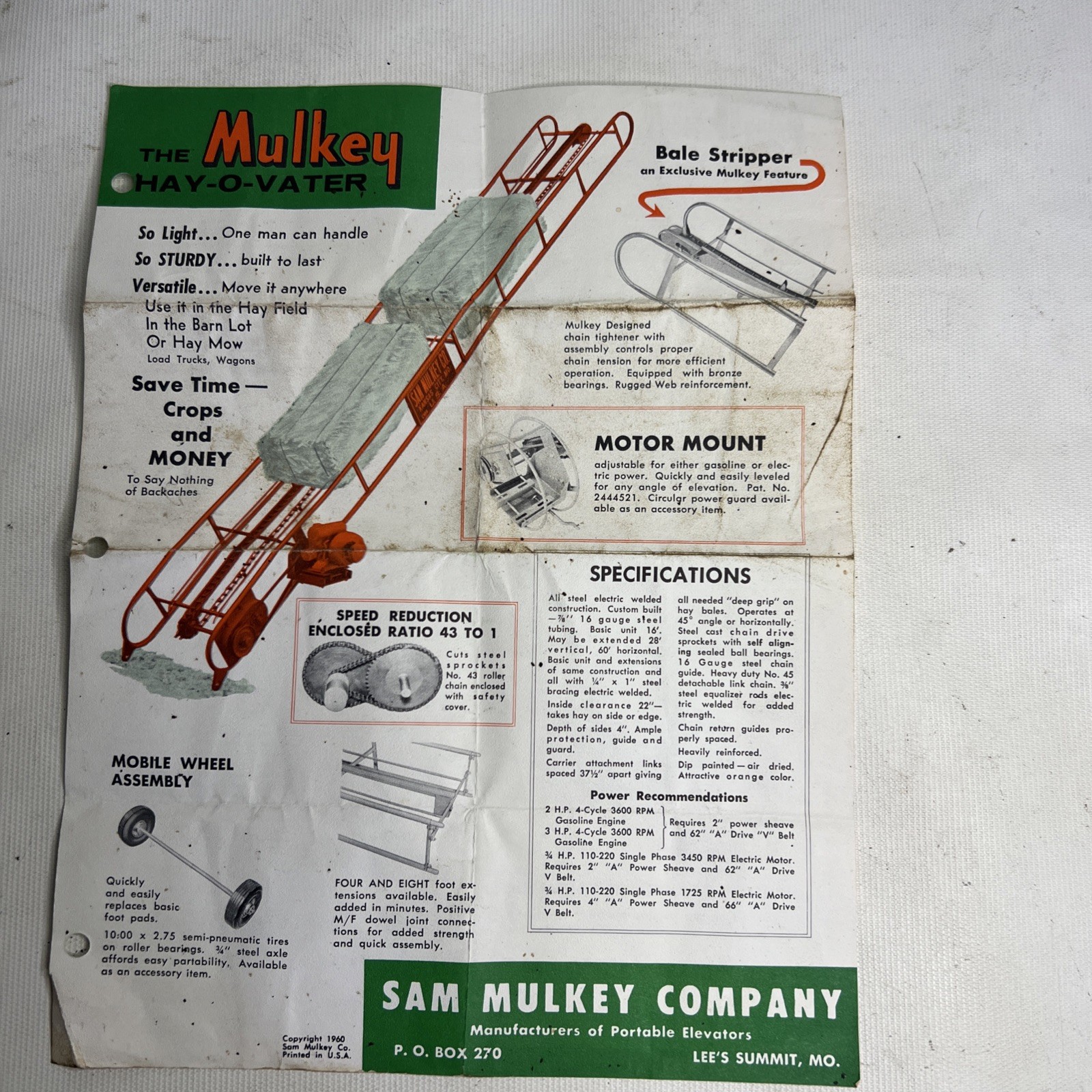 The Mulkey Hay-O-Vater 1960 Brochure 1 Page Folded Bale Elevator Vintage