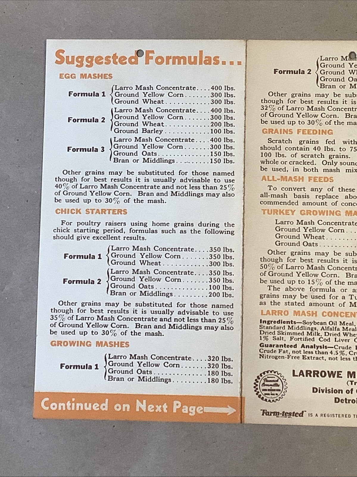 1939 Larro Mash Concentrate Brochure Larrowe Milling Co. Detroit MI INV-P0859