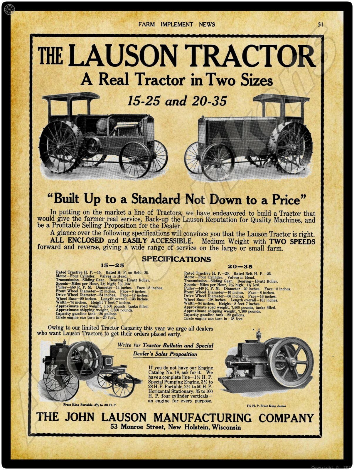 1916 Lauson Tractors & Gas Engines New Metal Sign: Large Size – 12 x 16