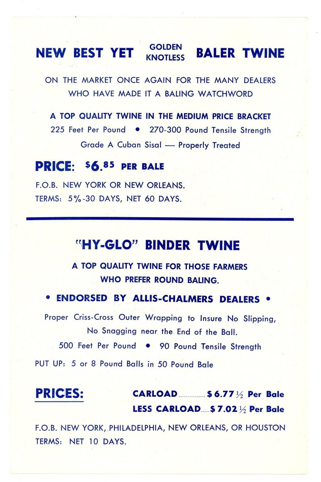 Yellow Devil Supreme Baler twine 1954-55 sales brochure New York Twine Corp