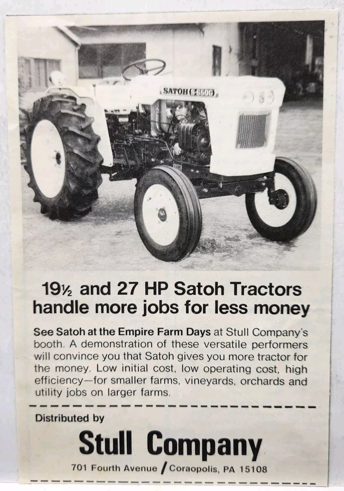 1976 Satoh S-650G Tractor Print Ad Stull Co. Coraopolis PA 7&Prime;