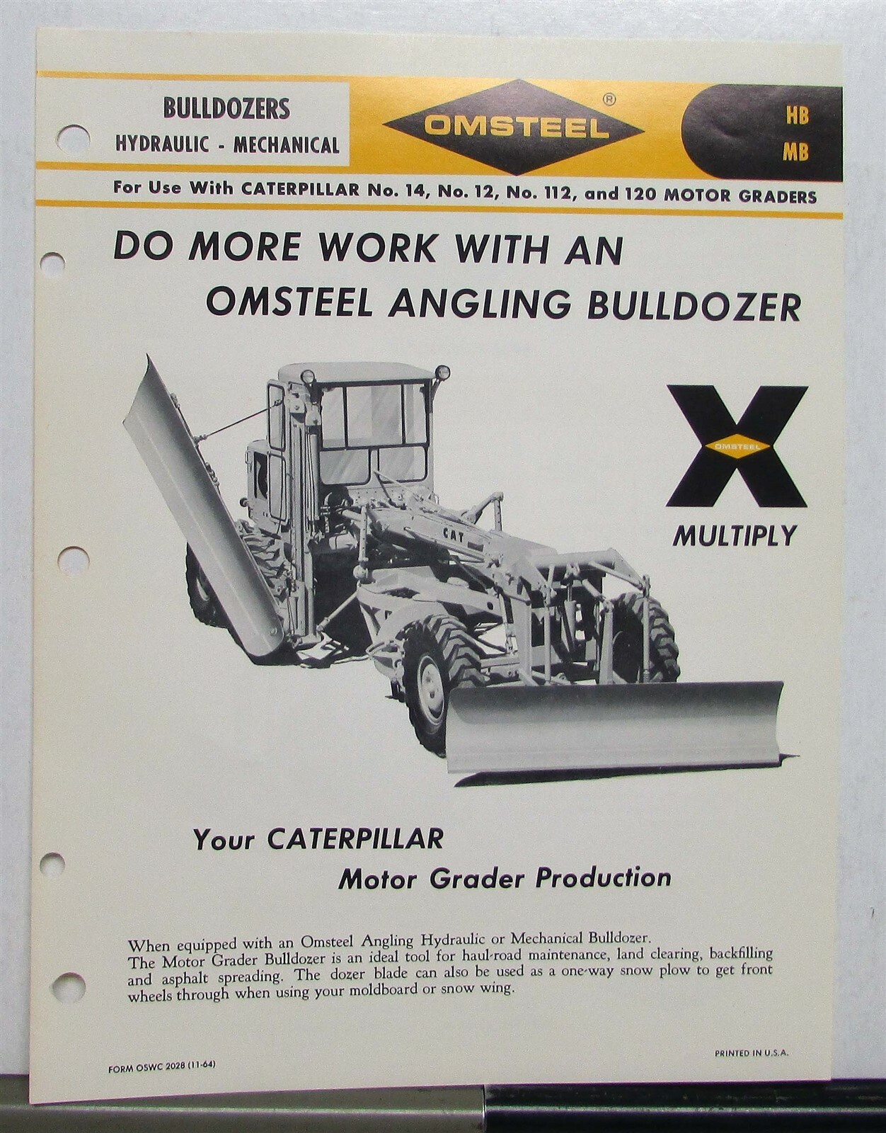 1965 Omsteel HB MB Bulldozer Hydraulic Construction Sales Sheet