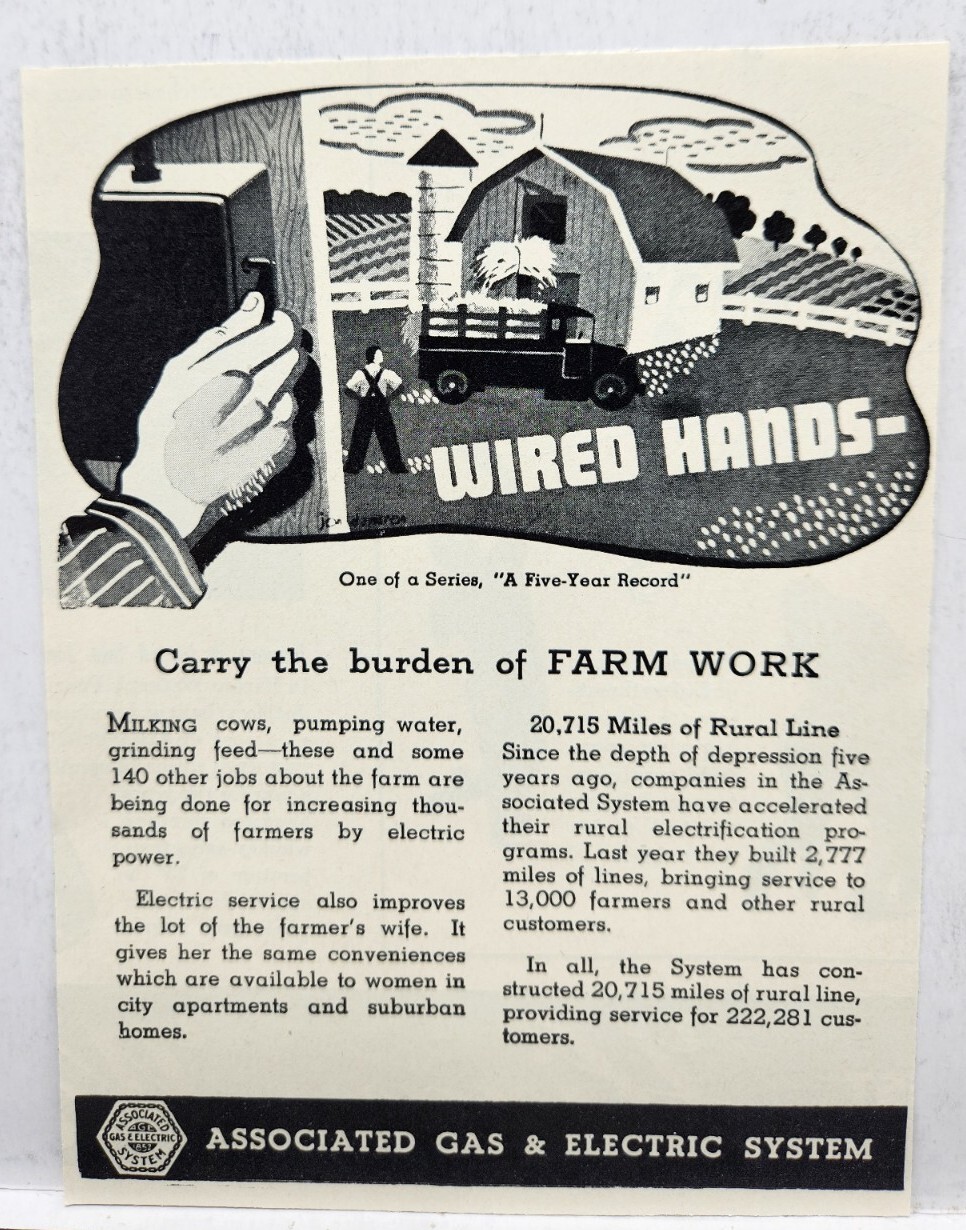 1937 Associated Gas Electric Farm Work Wired Hands Original Print Ad Life Mag