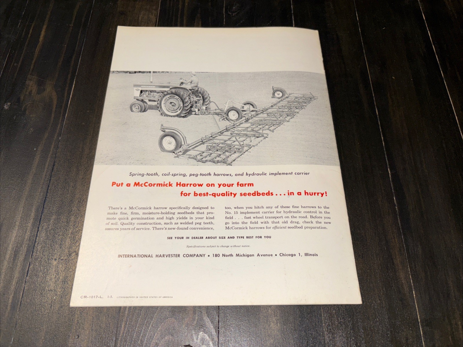 IH McCormick Spring, Coil & Peg-Tooth Harrows & Hydraulic Impl. Sales Brochure