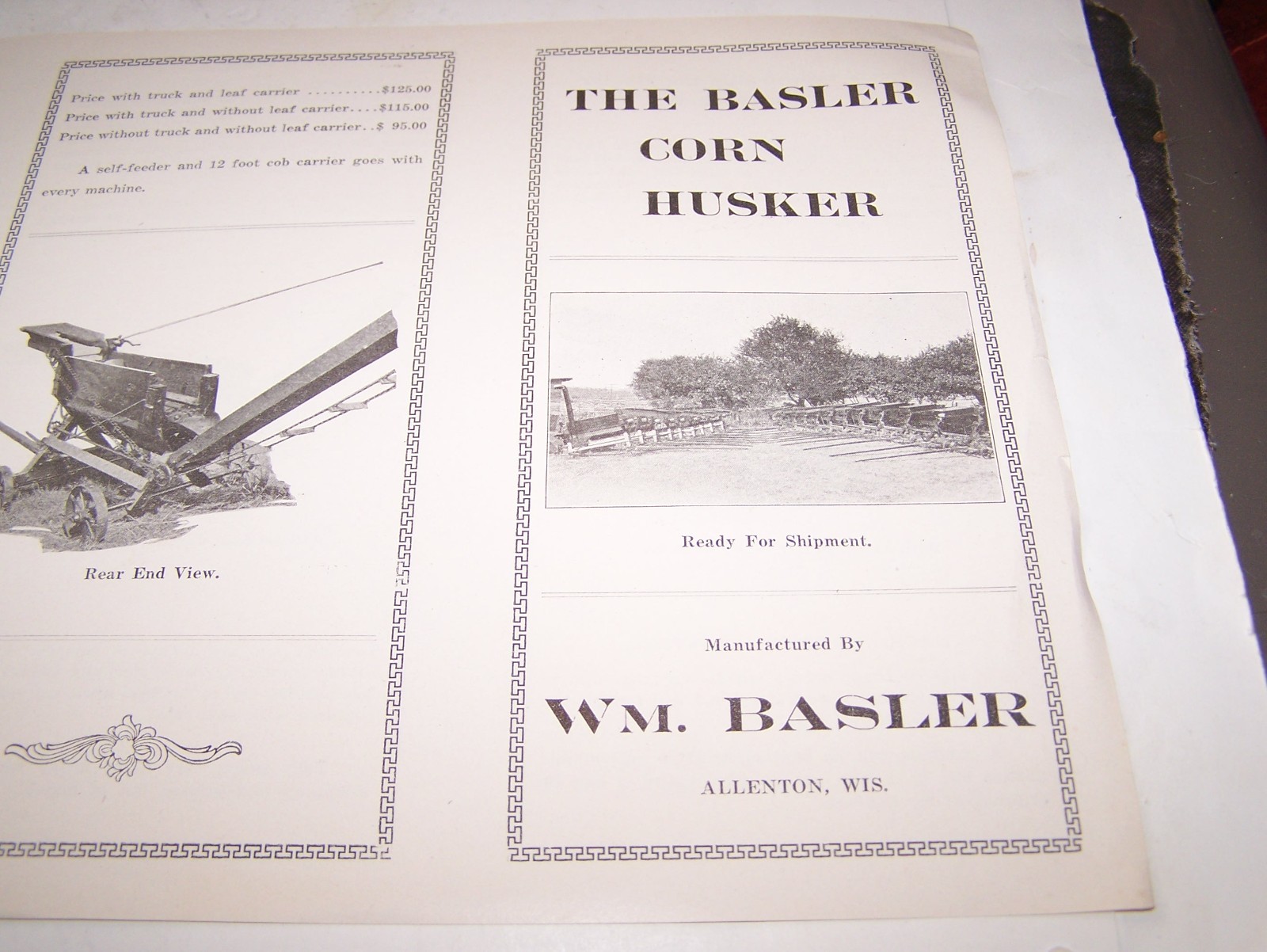 NOS WM BASLER CORN HUSKER Sales Brochure Pamphlet Allenton WI Hit Miss Engine