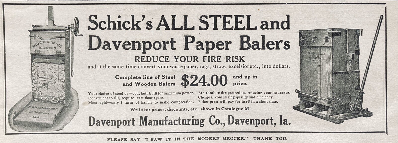 1913 AD.(XG15)~DAVENPORT MFG. CO. SCHICK’S ALL STEEL PAPER BALERS