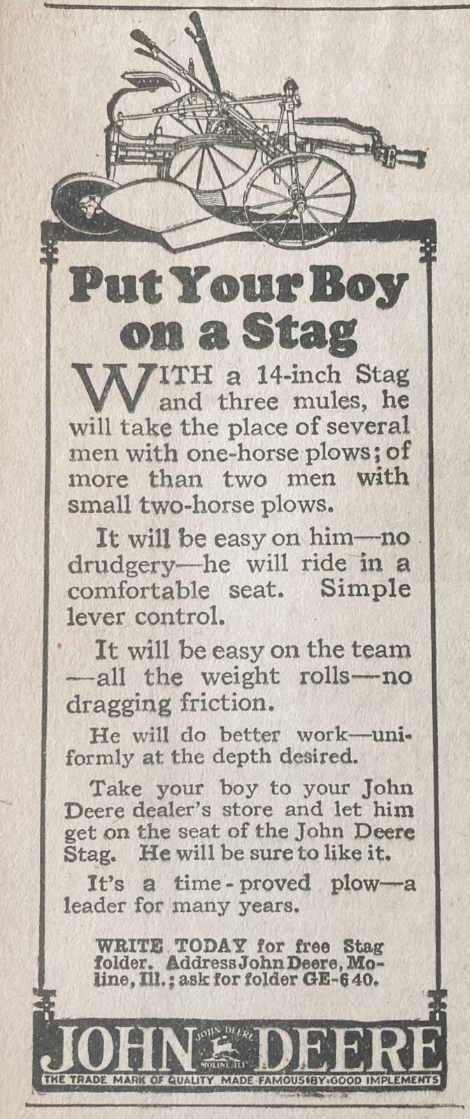 1924 AD.(XG7)~JOHN DEERE CO. MOLINE, ILL. 14” STAG HORSE PLOW
