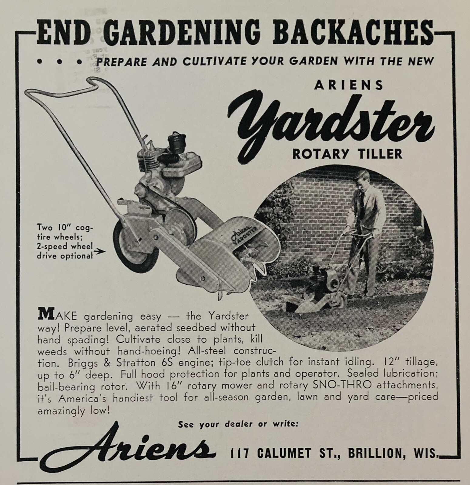 1953 AD.(XH55)~ARIENS CO. BRILLION, WIS. ARIENS YARDSTER ROTARY TILLER