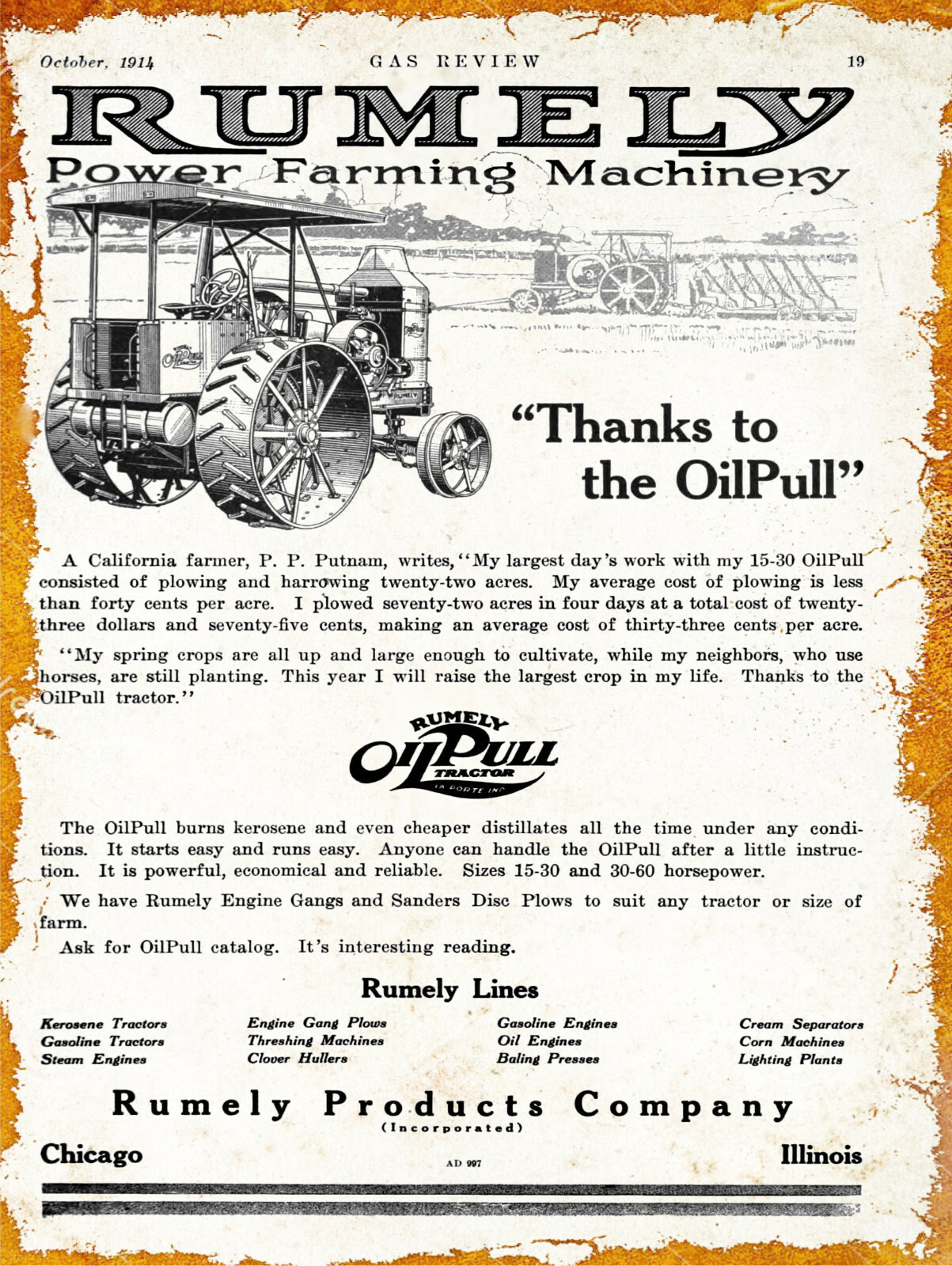1914 Rumely New Metal Sign: Oil Pull Tractors – 15-30 Horsepower, Rust Accent