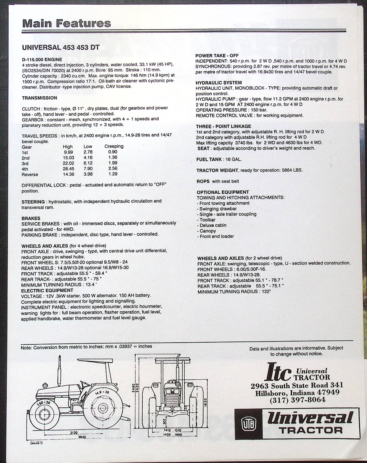 Universal Tractor U-453, 453-DT spec sheet brochure