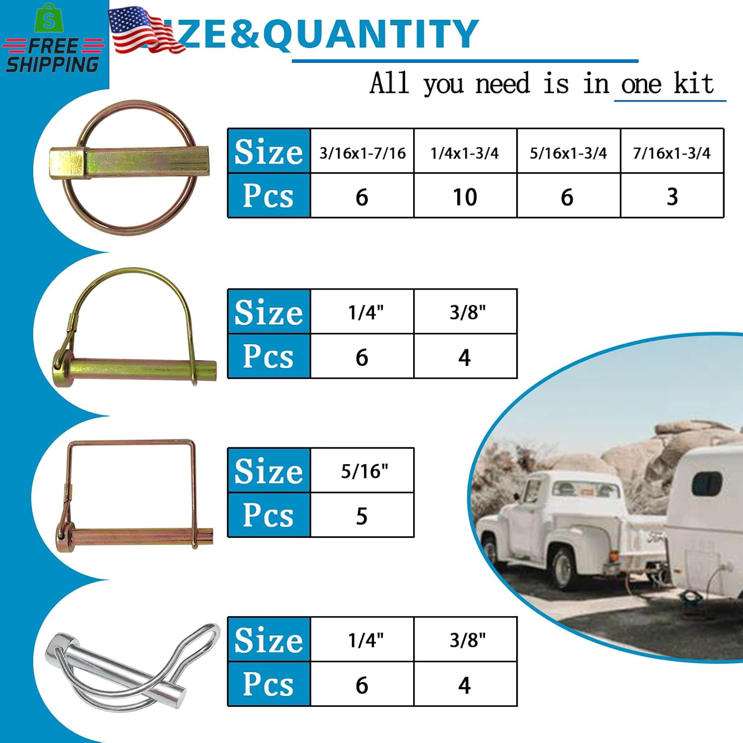 202PCS Hitch Pins Clip Pins, Linch and PTO Pins for Trailers Tractors Trucks Tow