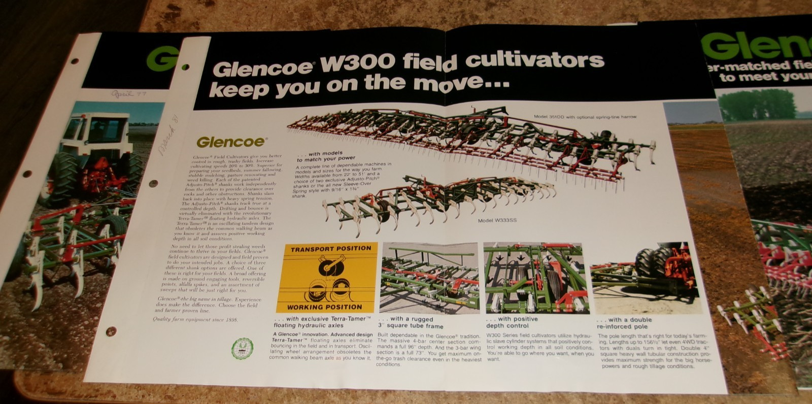 3-lot 1970&rsquo;s-80&rsquo;s glencoe field cultivators 3 page brochures good used