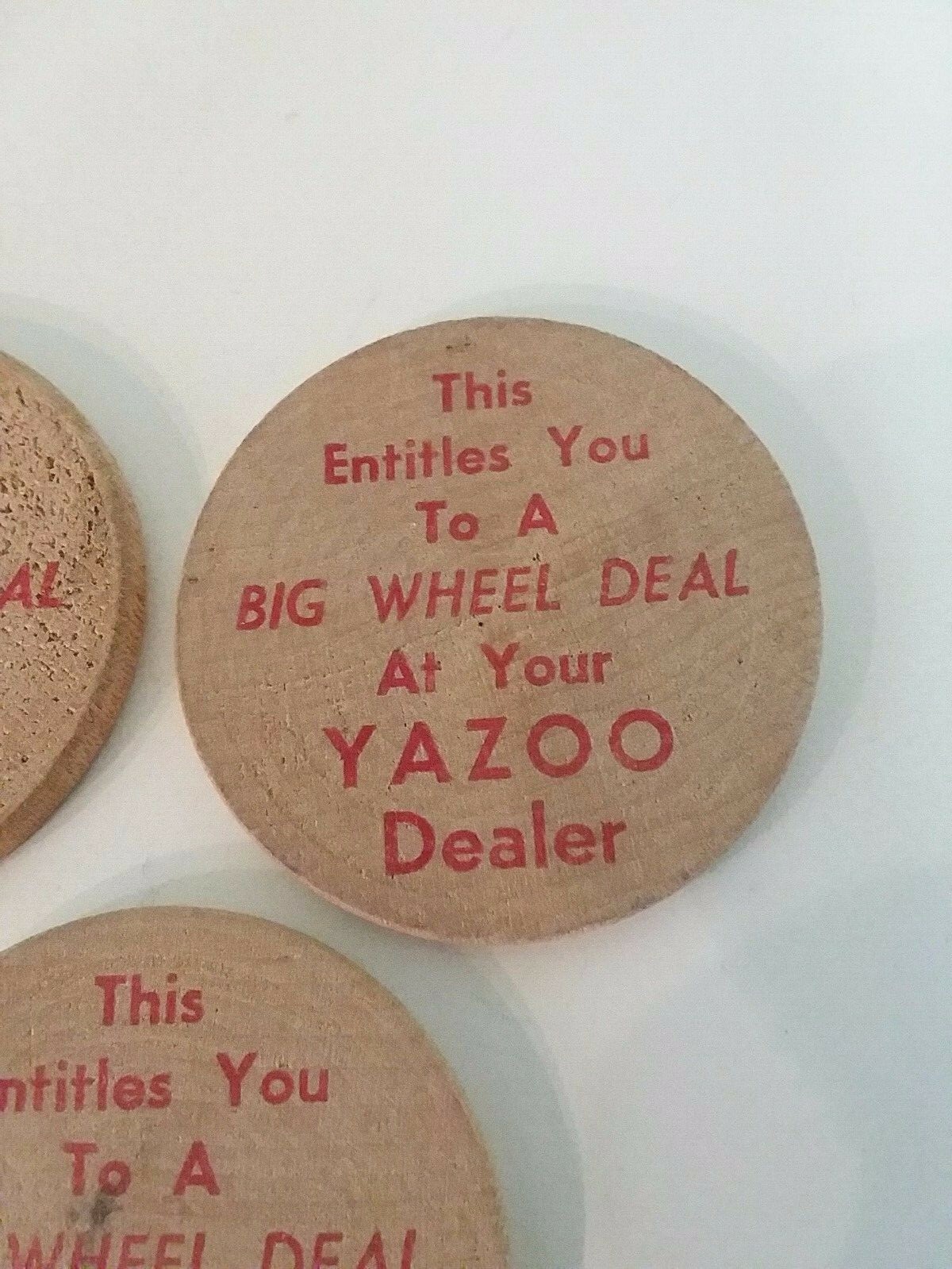 Lot of 3 Yazoo Mower Advertising Indian Wooden Nickel Big Wheel Deal Token Coins