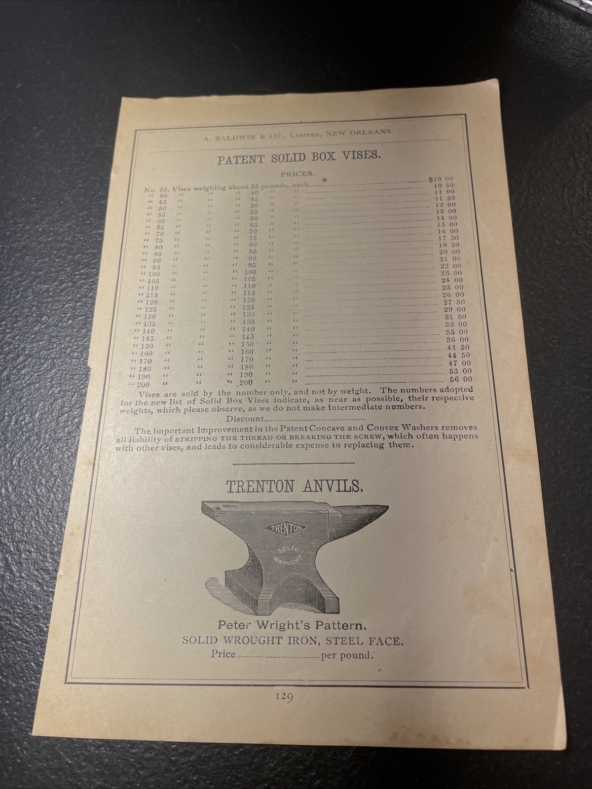 1891 Baldwin – Blacksmith Peter Wright Trenton Anvil Advertising – New Orleans